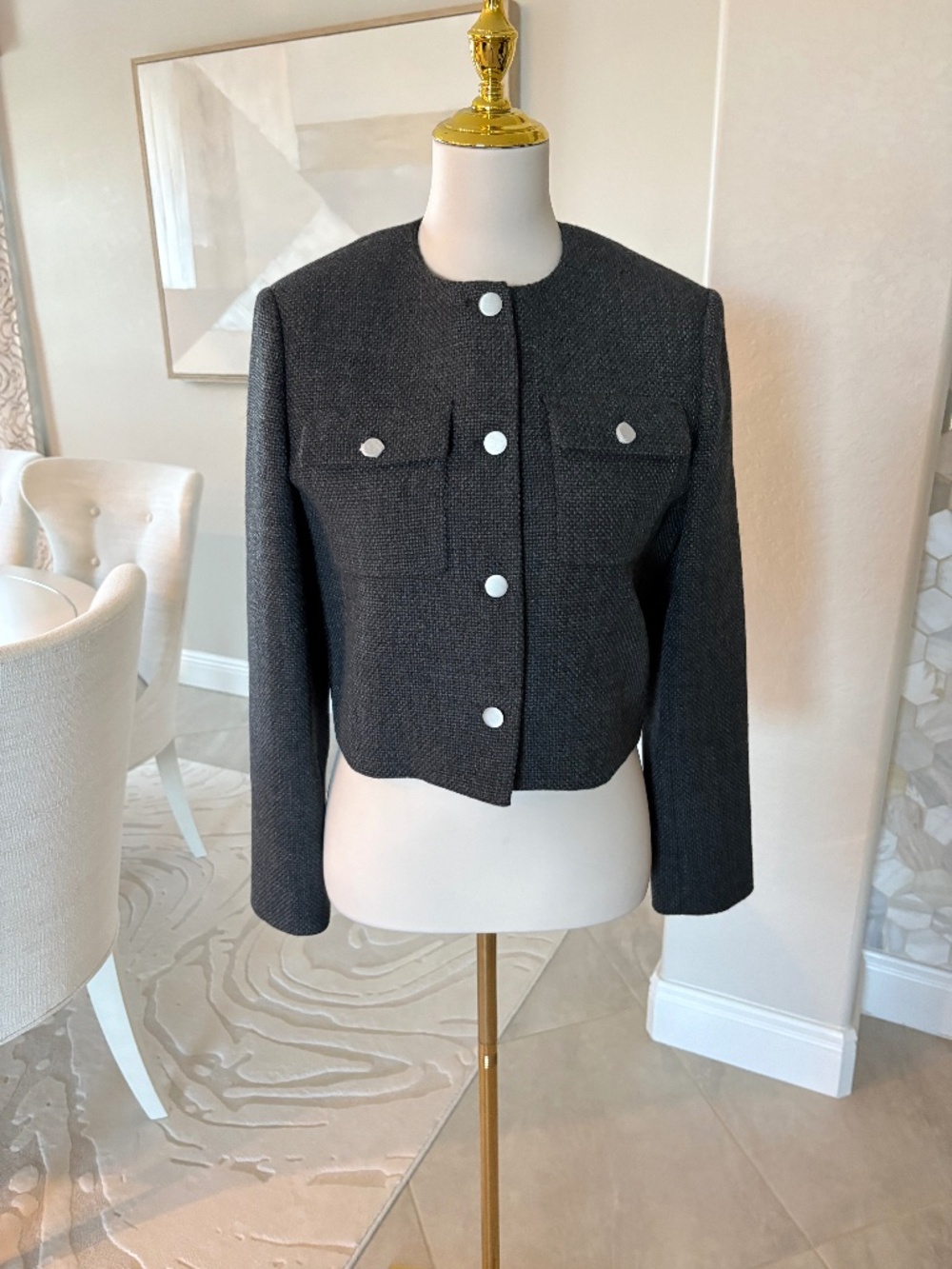 Theory Dark Charcoal Tweed Cropped Blazer with Silver Buttons